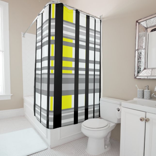 Black yellow white and grey stripes shower curtain (In Situ)