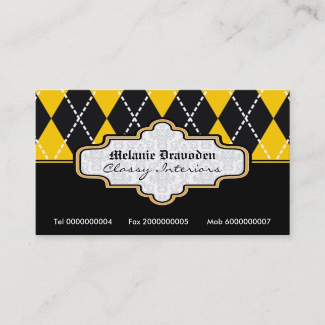 Black yellow white argyle trendy business cards (Front)
