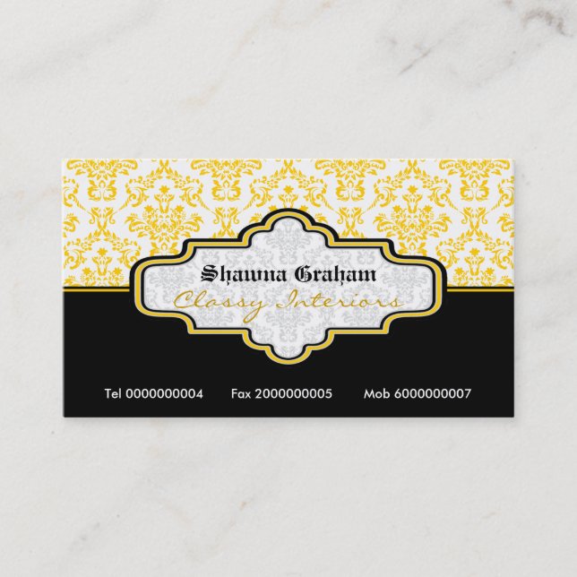 Black yellow white damask interiors business card (Front)