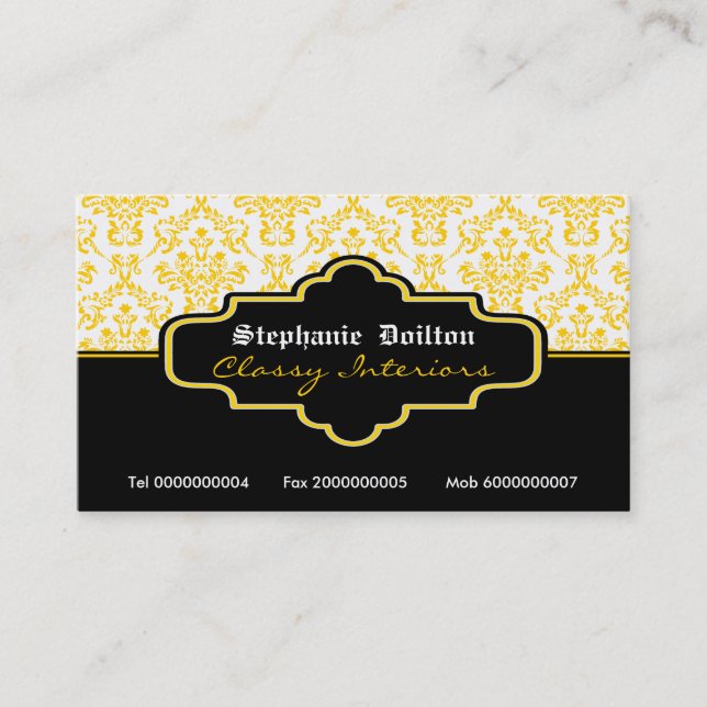 Black yellow white damask interiors business cards (Front)