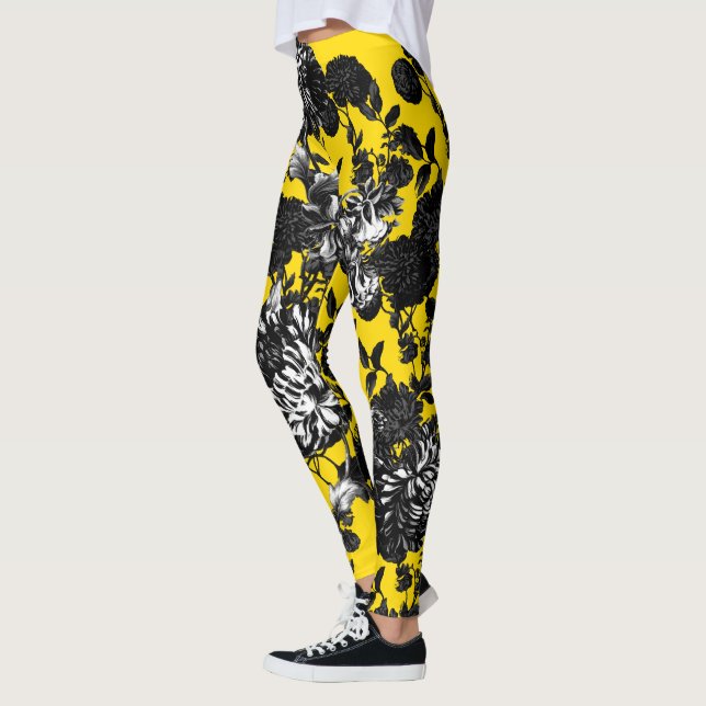 Black Yellow White Floral Toile Flower Garden Leggings (Left)