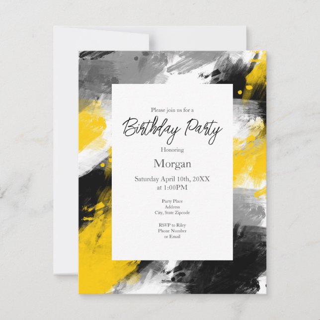 Black Yellow White Modern Abstract Brushstrokes Invitation (Front)