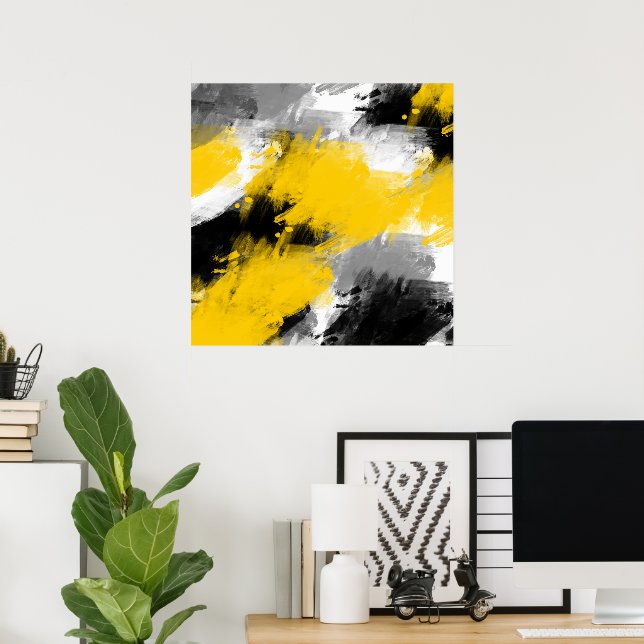 Black Yellow White Modern Abstract Brushstrokes Poster (Home Office)