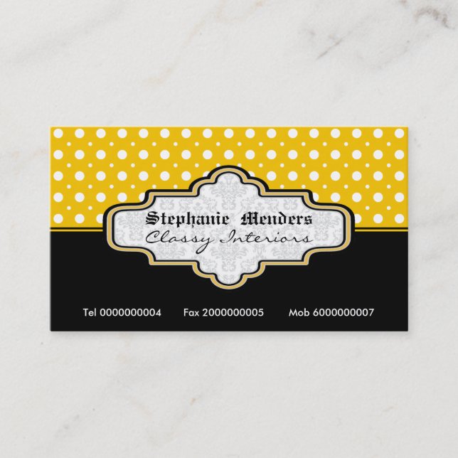 Black yellow white polka dot interiors business card (Front)