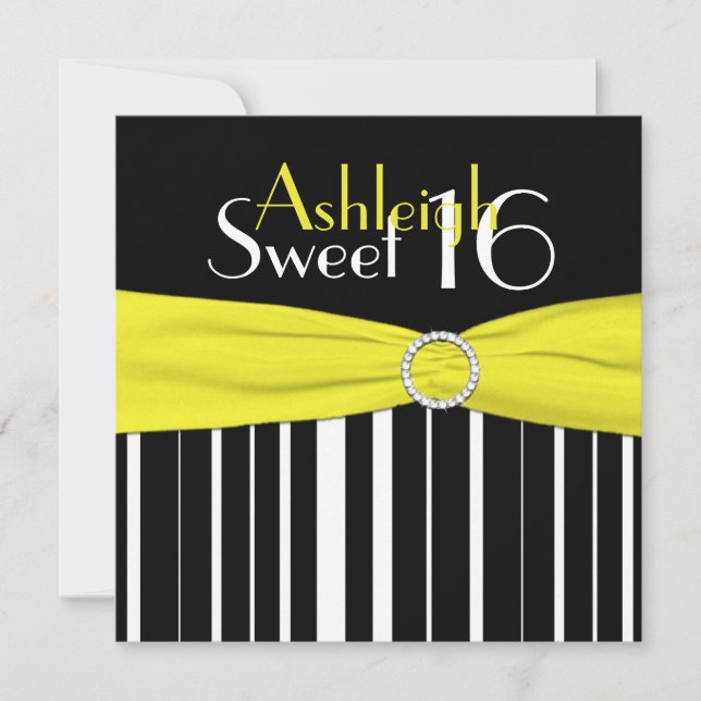 Black, Yellow, White Sweet 16 Invite FAUX Bling (Front)