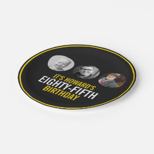 Black yellow white three photos 85th birthday paper plate