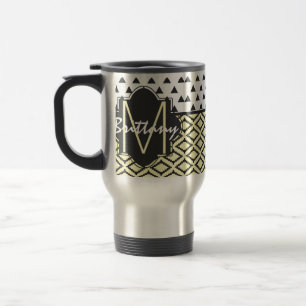 Black, Yellow, & White Triangles & Tribal Monogram Travel Mug