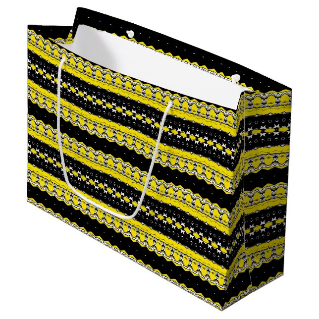 Black, Yellow & White Tribal Pattern Large Gift Bag (Front Angled)