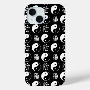 Black Yinyang Symbol Chinese Text Pattern iPhone 15 Case