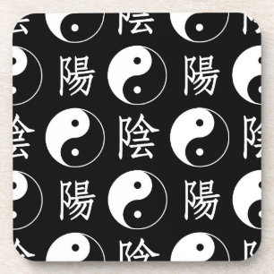 Black Yinyang Symbol Chinese Text Pattern Coaster