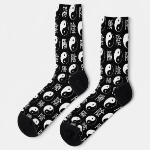 Black Yinyang Symbol Chinese Text Pattern Socks