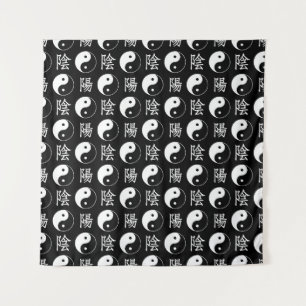 Black Yinyang Symbol Chinese Text Pattern Tapestry