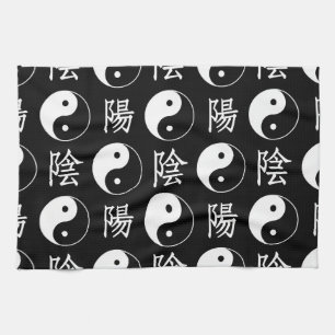 Black Yinyang Symbol Chinese Text Pattern Tea Towel