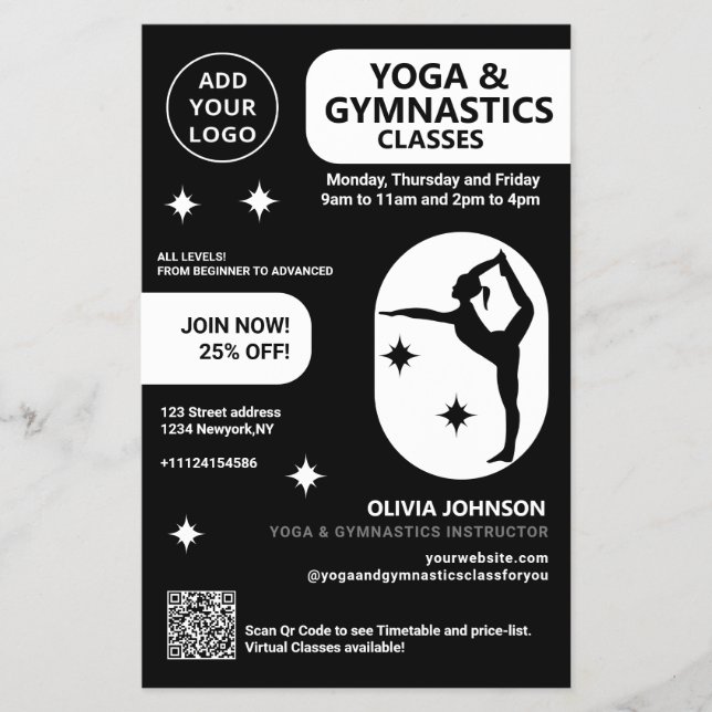 Black Yoga & Gymnastics instructor studio classes Flyer (Front)