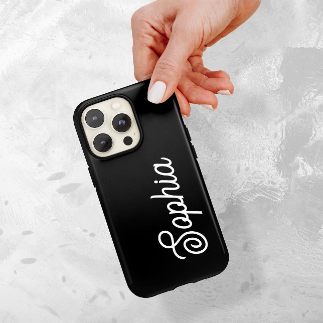 Black | Your Name in Retro Script iPhone Case (A bold, statement making phone case on a dark black background, with your name in retro white script)