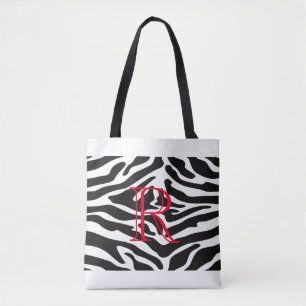 Black Zebra Pattern over Any Colour with Monogram Tote Bag