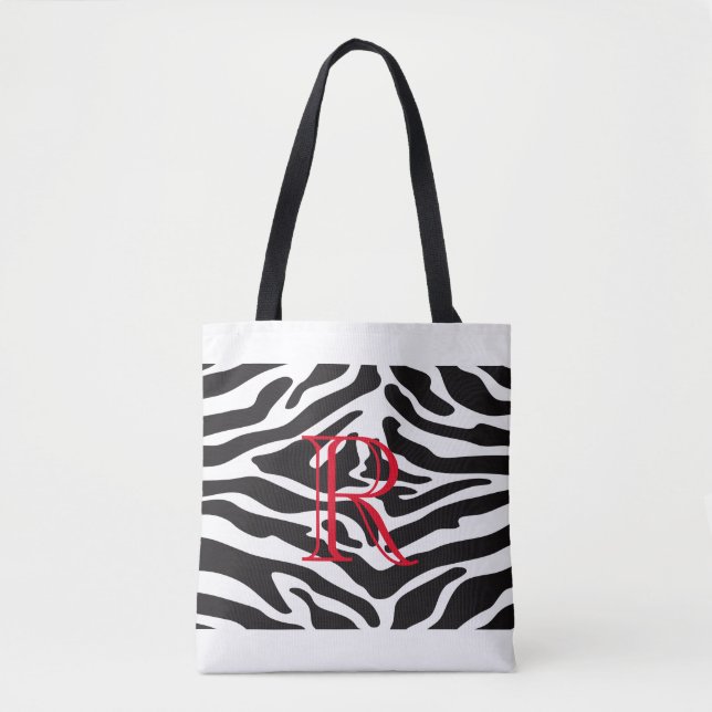 Black Zebra Pattern over Any Colour with Monogram Tote Bag (Front)