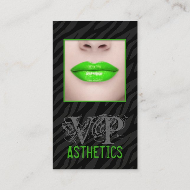 Black Zebra Print Green Lips Make Up Business Card (Front)