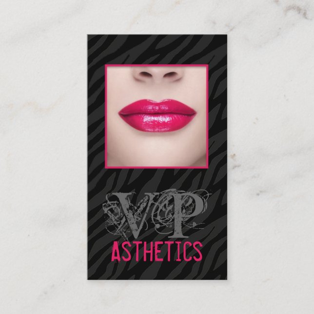 Black Zebra Print Pink Lips Make Up Business Card (Front)