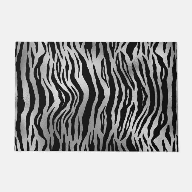 Black Zebra Stripes Animal Print Silver Luxury Doormat (Front)