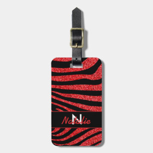 Black Zebra Stripes Name Teal Glitter Luggage Tag