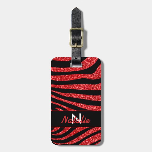 Black Zebra Stripes Name Teal Glitter Luggage Tag (Front Vertical)