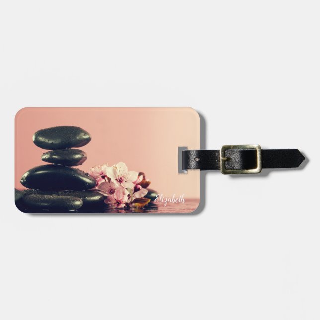 Black Zen Stones Flowers Luggage Tag (Front Horizontal)