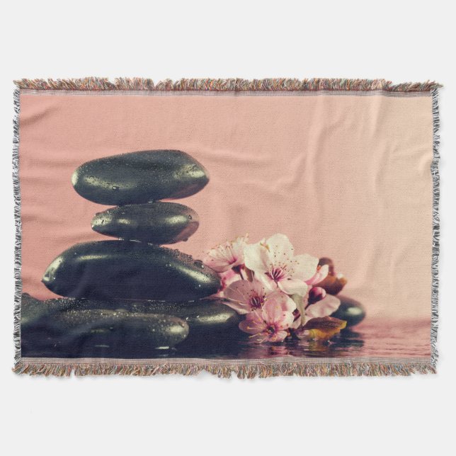Black Zen Stones Flowers Throw Blanket (Front)