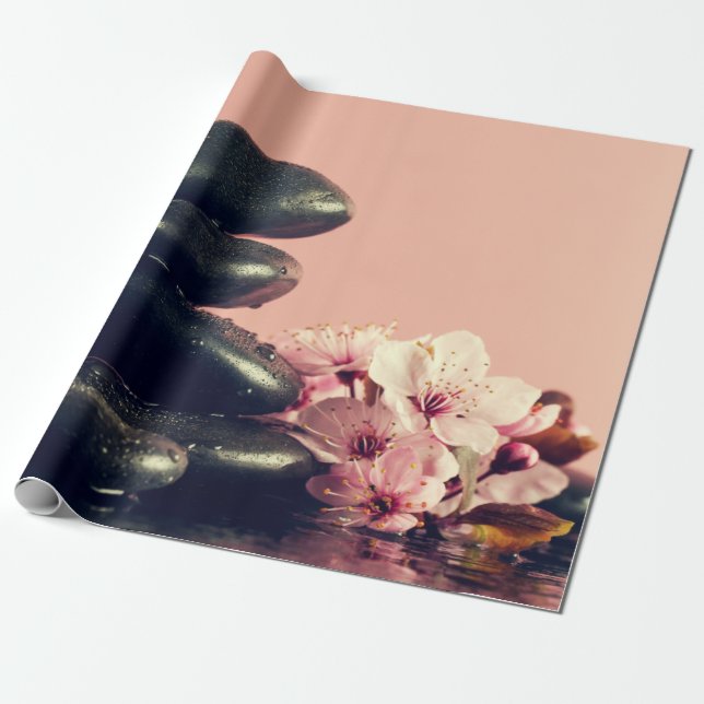 Black Zen Stones Flowers Wrapping Paper (Unrolled)