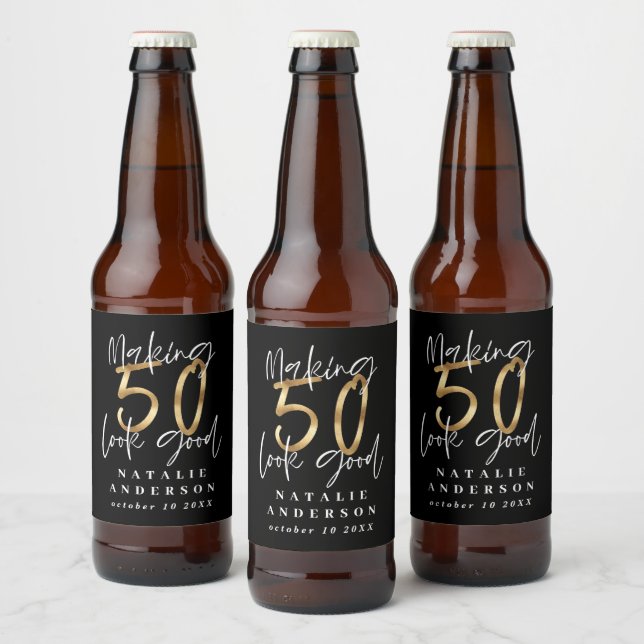 Blacka nd gold 50th birthday party favour beer bottle label (Bottles)
