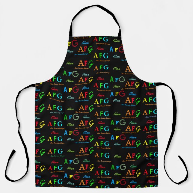 blackapron with pattern of colour names & initials apron (Front)