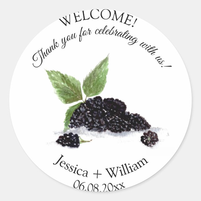 Blackberries Berry Fruit Watercolor Modern Wedding Classic Round Sticker (Front)