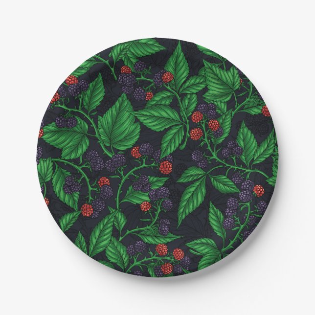 Blackberries on dark grey paper plate (Front)