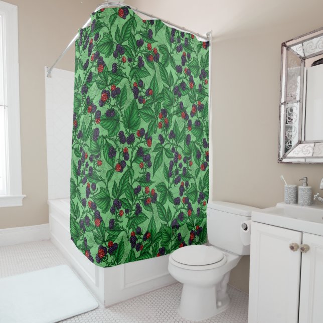 Blackberries on green shower curtain (In Situ)