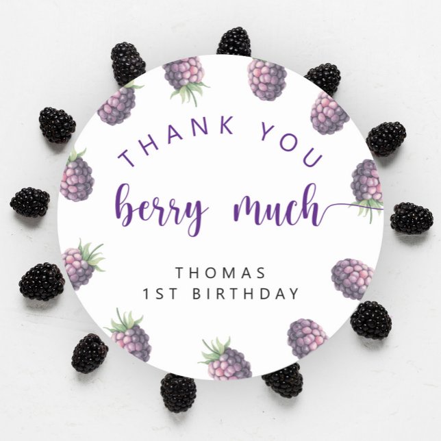 Blackberry birthday party thank you berry much classic round sticker (Creator Uploaded)