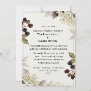 Blackberry Clusters, Elderflowers, Watercolor Foli Invitation