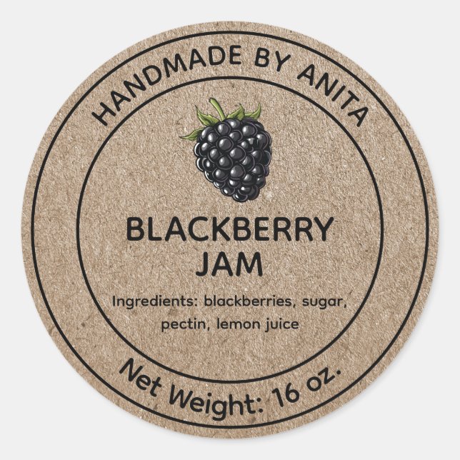 Blackberry Jam Jelly Jar Label Kraft Paper Style (Front)