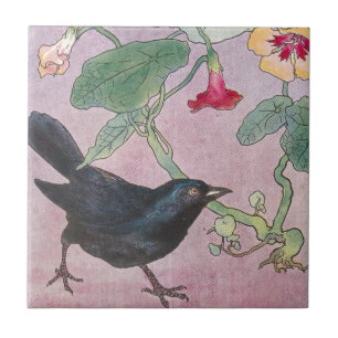 Blackbird and Nasturtiums Tile