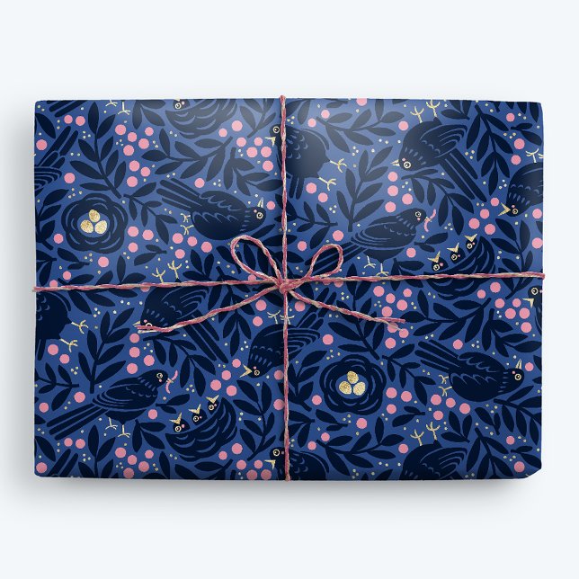 Blackbird and Nest with Golden Eggs Blue and Pink Wrapping Paper (Creator Uploaded)