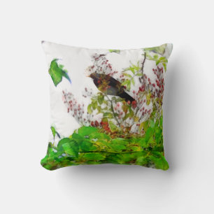 Blackbird and Rosehips Design Cushion