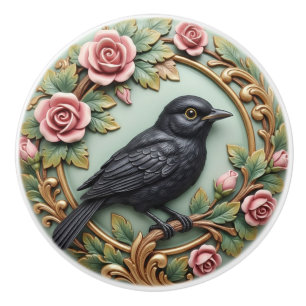 Blackbird Bird Vintage Victorian Pink Roses Floral Ceramic Knob