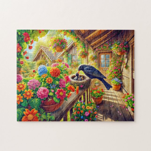 Blackbird Feeding Chicks in Nest Jigsaw Puzzle (Horizontal)