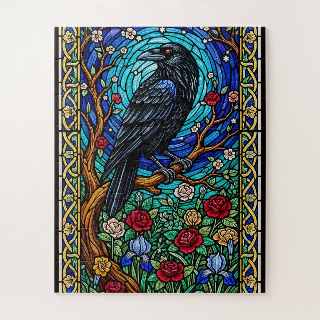Blackbird Garden Stained Glass Corvid Raven Jigsaw Puzzle (Vertical)