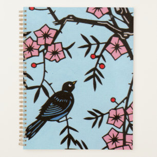 Blackbird in cherry Tree Pink Blossoms Red Berries Planner