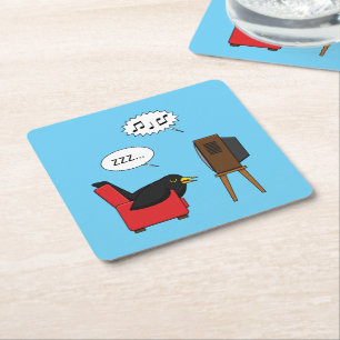 Blackbird Sleeping in Front of the TV Comic Square Paper Coaster