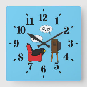 Blackbird Sleeping in Front of the TV Comic Square Wall Clock