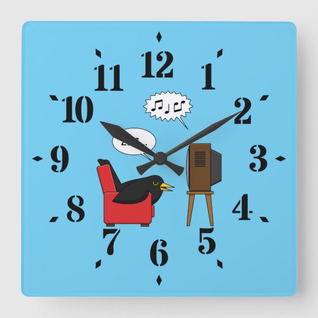 Blackbird Sleeping in Front of the TV Comic Square Wall Clock (Front)