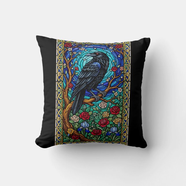 Blackbird Stained Glass Corvid Raven Cushion (Front)