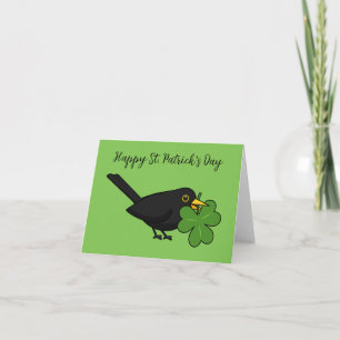 Blackbird with Shamrock Clover Cartoon   Add Text Card