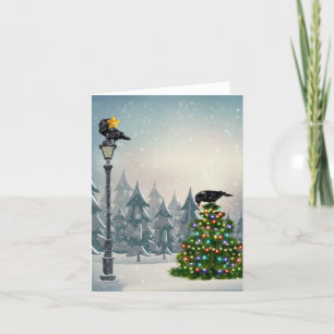Blackbirds Decorating Ravens Christmas Holiday Card